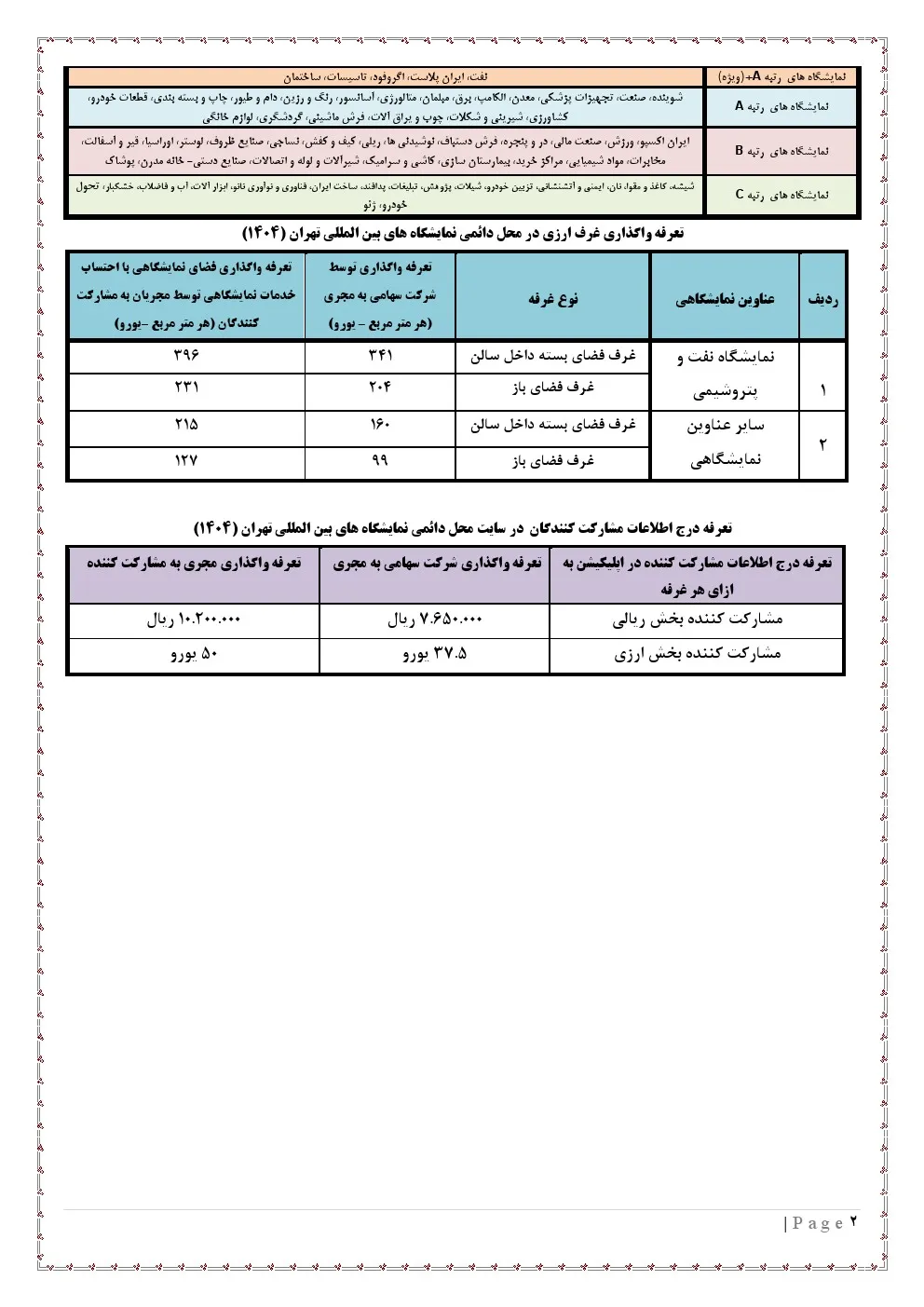 تعرفه واگزاری غرفه های ارزی در نمایشگاه تهران 1404